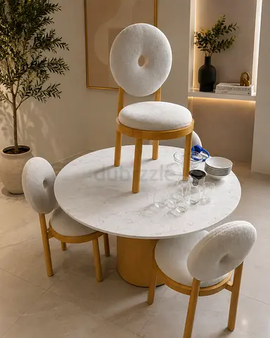 Modern Round Marble Dining Table with Four Boucle Chairs