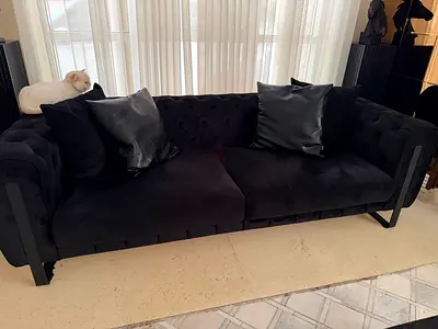 3 seater Black Velvet tufted Sofa HomeCentre