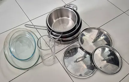 Set of Stainless Steel Pots and Lids with Glass Bowls and a Glass Vase - Good Condition