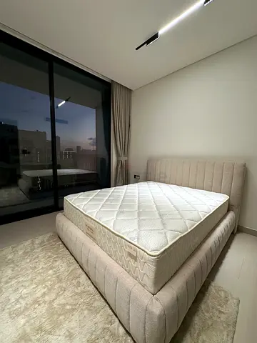 Queen size upholstered bed frame with mattress - beige