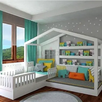 Wooden Montessori House Bed with Built-in Bookshelf and Seating Area