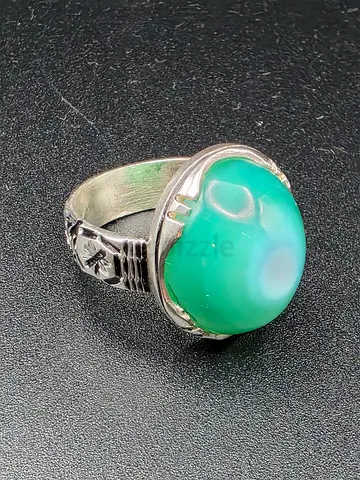 Silver Ring with Green Sulimani Agate Stone - عقيق سليماني