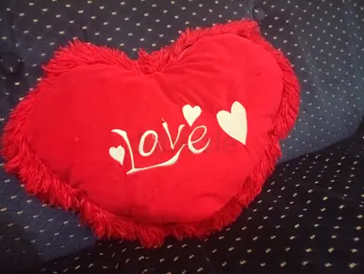 Red heart-shaped 'Love' decorative cushion/pillow - good used condition