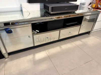 Long mirrored TV cabinet / console with drawers (good condition)