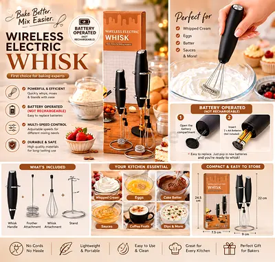 Wireless Battery-Operated Electric Whisk Hand Mixer - Portable & Multi-Speed