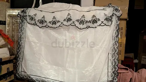 White Sheer Curtains with Black Lace Embroidery (Pair) - Used