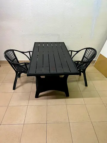 Black Outdoor Rattan Dining Table with 2 Matching Chairs - Good Condition