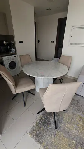 Round Marble Dining Table with 4 Beige Chairs - Good Condition