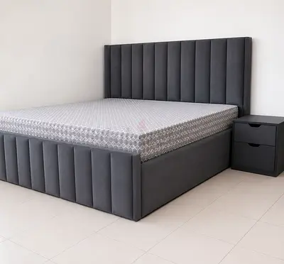 New Grey upholstered king bed frame with storage and tall headboard and Mattress Nightstand