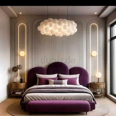 Modern Purple Velvet Bed with Arched Headboard and Matching Ottoman