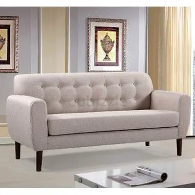 Beige 3-Seater Button-Tufted Sofa with wooden legs