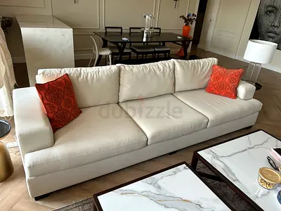 Cream 3-Seater Sofa set with Removable Cushions and Neutral Fabric,2 armchairs and 3 coffee tables