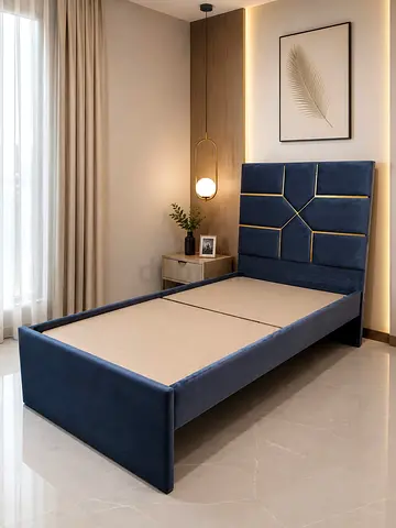 Single Wooden Velvet Bed Frame with Geometric Padded Headboard