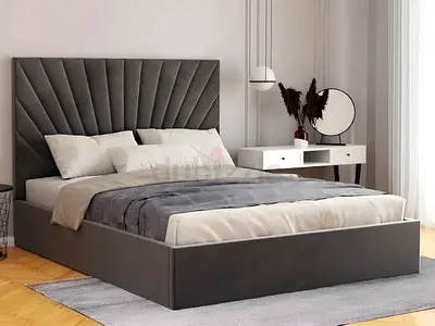 New Modern Grey Upholstered Bed Frame with Padded Headboard - Queen/King