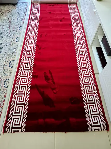 Maroon Runner Rug with Greek Key Border - Good Condition