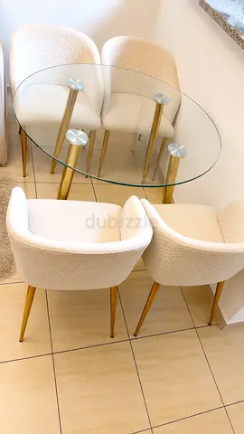 Glass Top Dining Table with 4 Upholstered Chairs (White & Gold) - Excellent Condition