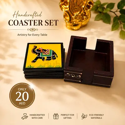 Handcrafted Wooden Elephant Coaster Set with Holder