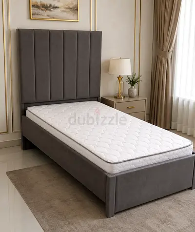 New Single Grey Upholstered Bed Frame with Headboard - Modern