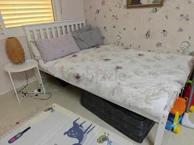 Double size White Wooden Double Bed Set – Full Package (mattress, duvet , covers) + side table