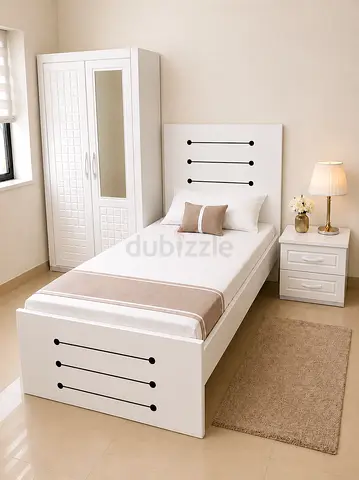 New Single white bed with headboard and matching bedside table and wardrobe