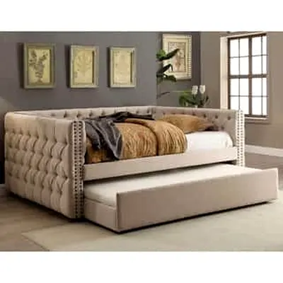Tufted Beige Daybed with Pull-Out Trundle