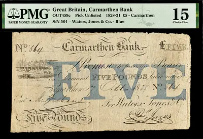 Great Britain, 1828 - 1831, Carmarthen Bank, Five Pounds
VERY RARE, UK, PIECE OF HISTORY, PMG 15
