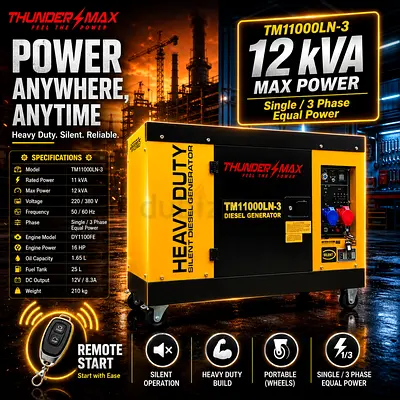 ThunderMax TM11000LN-3 12kVA Diesel Generator - Heavy Duty, Silent