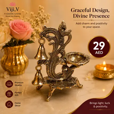 Brass Diya Lamp with Bells — Small Decorative Home Temple Light