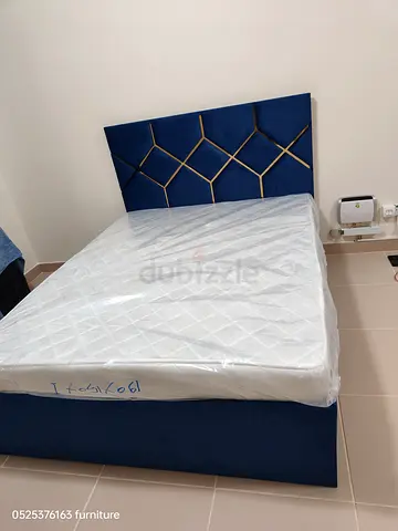 Blue Velvet Single Bed with Headboard and Mattress - Like New