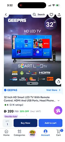 32" Geepas HD Smart LED TV with HDMI & USB - Remote Included