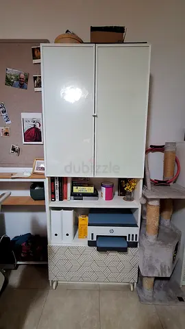 White Storage Cabinet with Shelves and Drawers - Good Condition