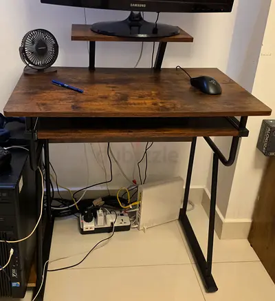 Compact Wooden Computer Desk with Monitor Stand and Keyboard Tray