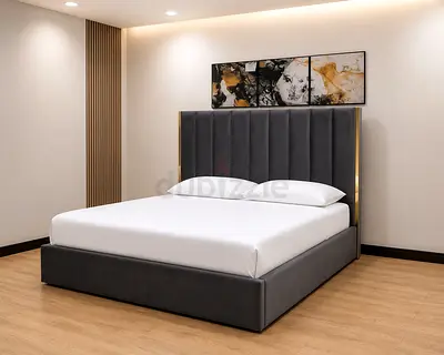 New King Size upholstered platform bed with tall vertical-stitched headboard - Grey