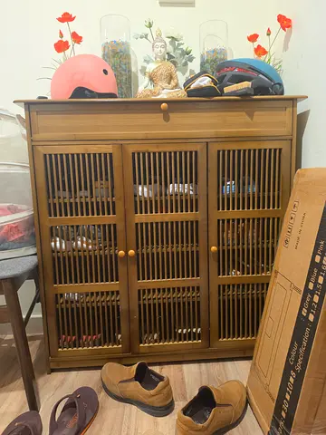 Solid Wood Shoe Cabinet with Louvered Doors — Good Condition