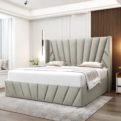 New Modern upholstered king-size bed with storage - light grey