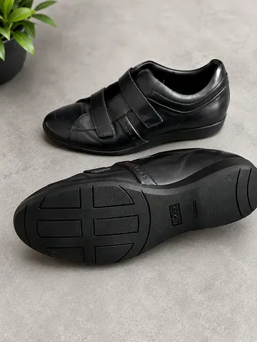 Original HUGO BOSS Black Leather Velcro Casual Sneakers - Size Unknown, Gently Used