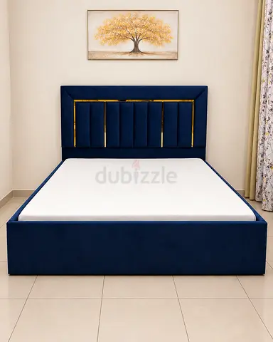 New Blue Velvet Queen size Bed with Padded Headboard and Gold Accent
