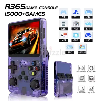 R36S Handheld Retro Game Console - 15,000+ Games (Transparent Purple)