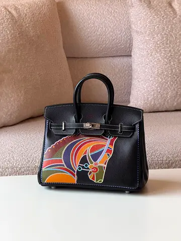 Hermess Black leather handbag with colorful horse print - small tote