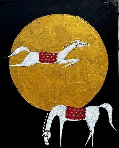 Original Hand-Painted Horses on Gold Moon Canvas