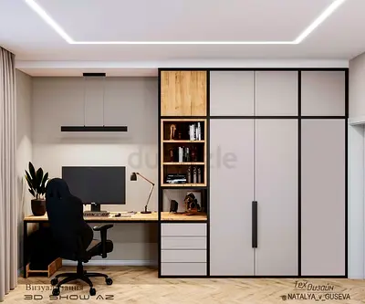 Modern Custom Wardrobe with Built-in Desk and Shelving Unit