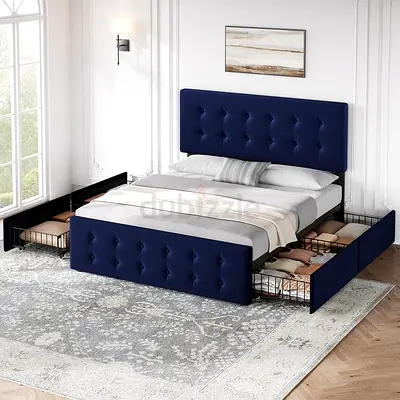 Dark blue velvet button tufted design 4 drawers double bed