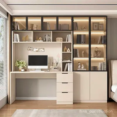 Modern Home Office Study Desk with Integrated Bookshelf and Glass Cabinets