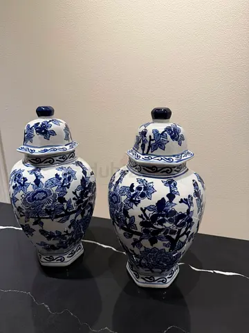 Pair of Blue & White Porcelain Ginger Jars with Lids