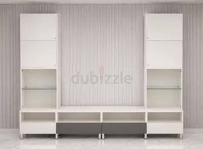 White Entertainment Unit with Shelves and Cabinets وحدة ترفيه مع خزائن