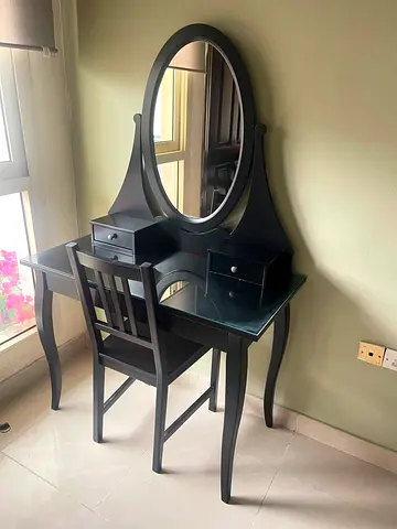 Black Wooden Dressing Table with Oval Mirror and Chair - Good Condition