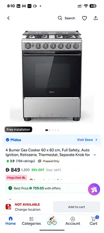 Midea 4-Burner Gas Cooker 60x60 cm with Oven, Auto Ignition