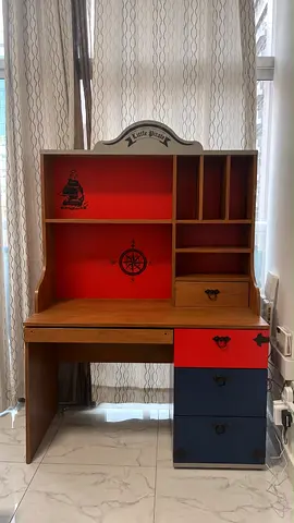 Wooden Kids Study Desk with Shelves and Drawers - Nautical Theme