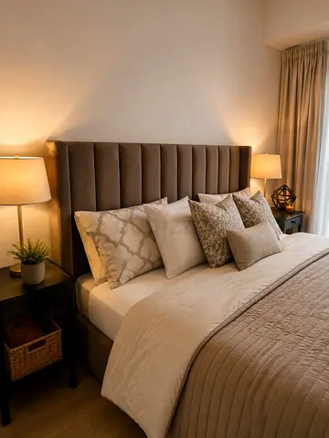 Elegant King upholstered bed with spring box mattress and bedside tables