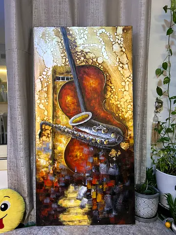 Original textured violin with guitar painting on canvas - warm gold tones (140 x 70 cm)